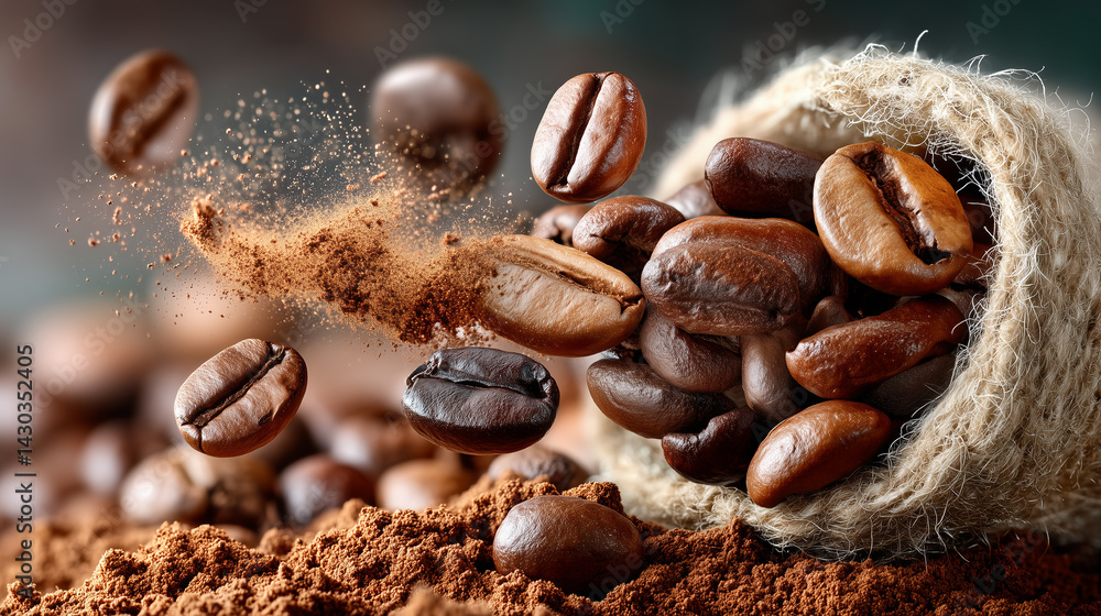 Freshly ground coffee beans spilling from a burlap sack Freshly ground coffee beans spilling from a burlap sack