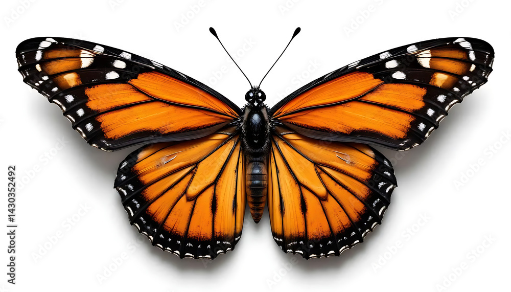 Fototapeta premium monarch butterfly, detailed wings, orange and black pattern, white spots, symmetrical, realistic, nature illustration, isolated on white background, macro photography, high contrast, vibrant colors