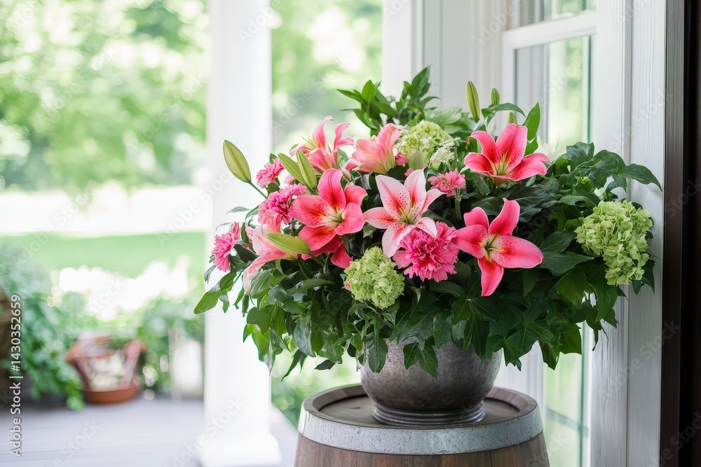 Fototapeta premium Vibrant pink and white flower arrangement on a rustic wooden barrel.