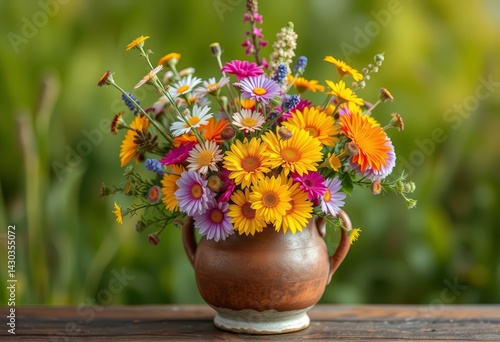 A rustic ceramic vase overflowing with a vibrant mix of wildflowers, botany, bloom