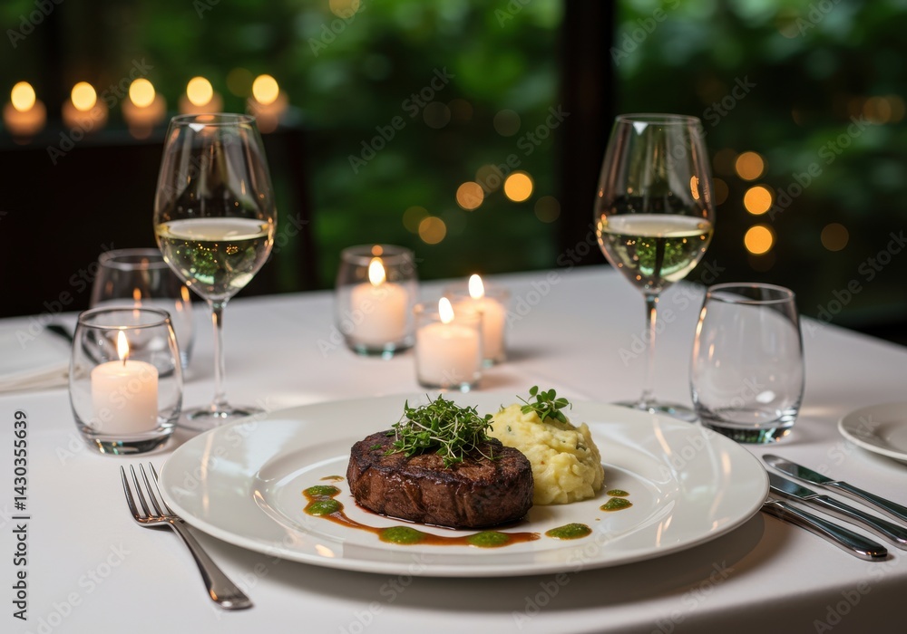 A romantic dinner setting with steak, mashed potatoes, wine, and candles on a white tablecloth A romantic dinner setting with steak, mashed potatoes, wine, and candles on a white tablecloth