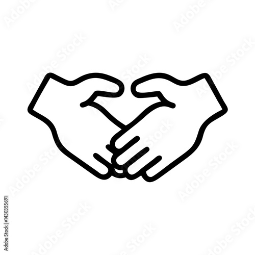 Handshake heart symbol outline icon in black on white