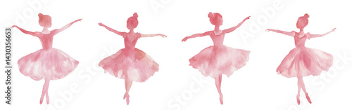 Ballerina. Watercolor illustration of silhouette ballet dancer in different poses. Isolated clipart with clear even edge on transparent background
