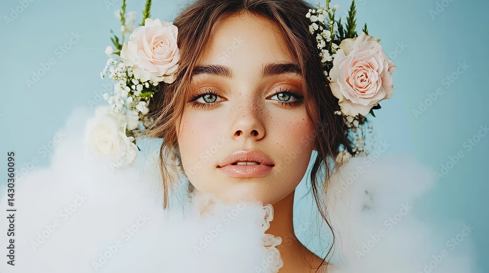 A stunning woman is posed against a blue and rose-colored backdrop, promoting cosmetics through a shampoo and body wash advertisement image, representative of the beauty industry's advertising A stunning woman is posed against a blue and rose-colored backdrop, promoting cosmetics through a shampoo and body wash advertisement image, representative of the beauty industry's advertising