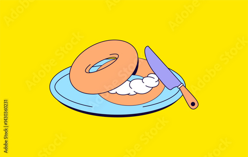 Bagel with Cream Cheese and Knife on Plate Cartoon illustration