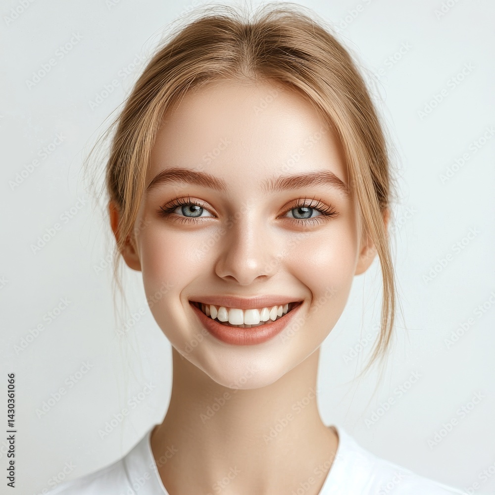 In the picture, a young woman with a happy face looks straight into the camera, embodying the concepts of skin care, beauty, and dental care, all isolated over white In the picture, a young woman with a happy face looks straight into the camera, embodying the concepts of skin care, beauty, and dental care, all isolated over white