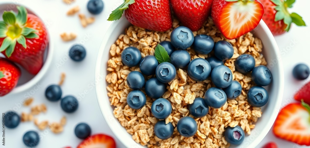 A vibrant healthy granola bowl topped with fresh blueberries and strawberries, on a clean white background, high resolution, healthy A vibrant healthy granola bowl topped with fresh blueberries and strawberries, on a clean white background, high resolution, healthy