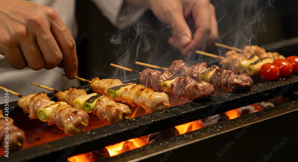 elicious Yakitori Skewers Grilling Over Hot Embers elicious Yakitori Skewers Grilling Over Hot Embers