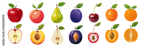 set of fresh fruits with half slice vector icon graphic design