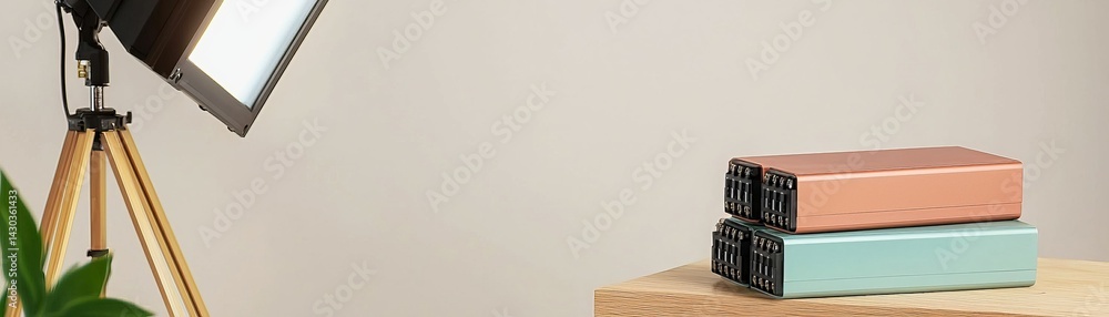 Peak Energy Solutions with Advanced Battery Storage Technology, A stylish lamp beside stacked books on a wooden table with a plant in a modern setting.