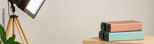 Obraz na płótnie Peak Energy Solutions with Advanced Battery Storage Technology, A stylish lamp beside stacked books on a wooden table with a plant in a modern setting. w salonie
