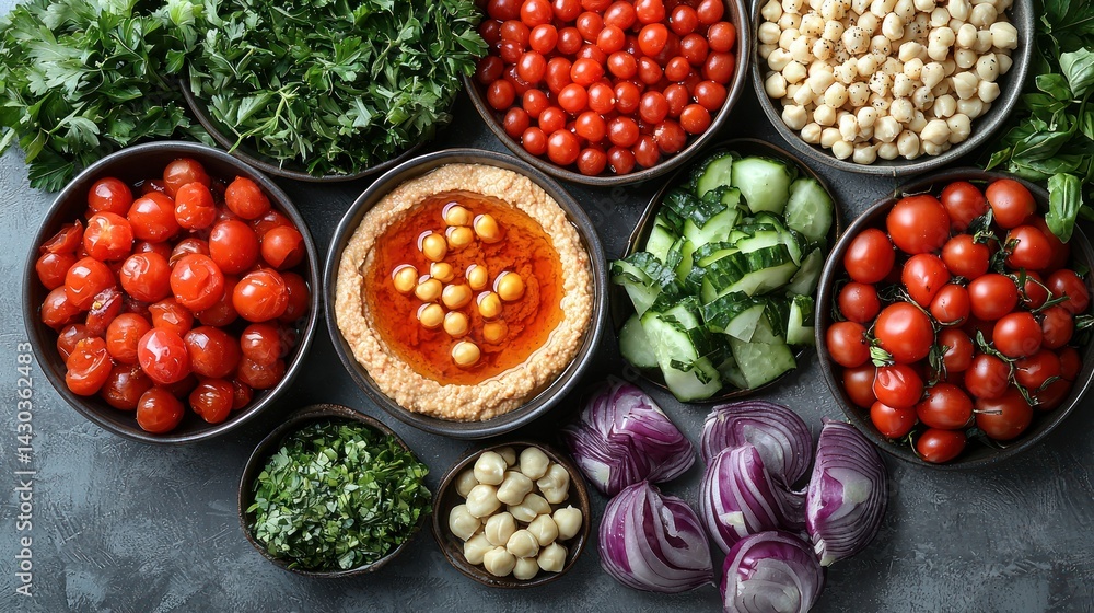 Mediterranean Delight: A vibrant spread of hummus, cherry tomatoes, cucumbers, parsley, chickpeas, and red onions. Mediterranean Delight: A vibrant spread of hummus, cherry tomatoes, cucumbers, parsley, chickpeas, and red onions.