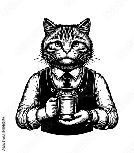 Cute cat barista wearing apron making coffee in cafe with happy expression illustration