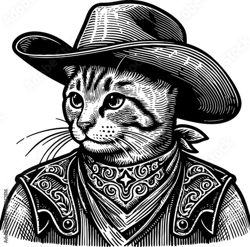 Cute cat wearing cowboy outfit with ranch hat and boots in western fashion