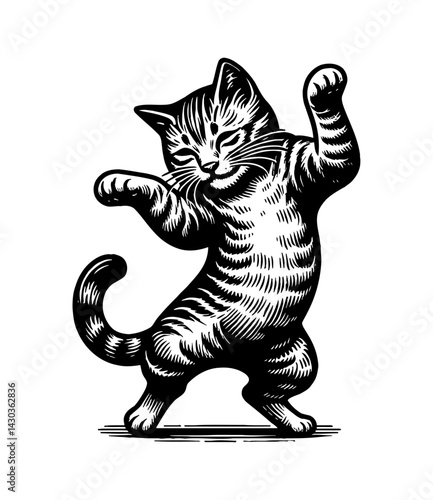 Funny cat dancing to music with rhythm in joyful mood performance art