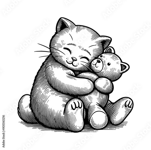 Cute cat hugging a plush toy, looking adorable and cozy, a heartwarming moment.