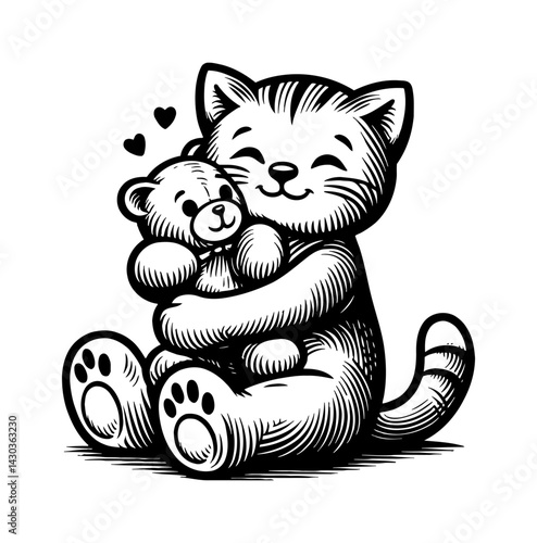 Cute cat hugging a soft plush toy with love and happiness while sleeping tight