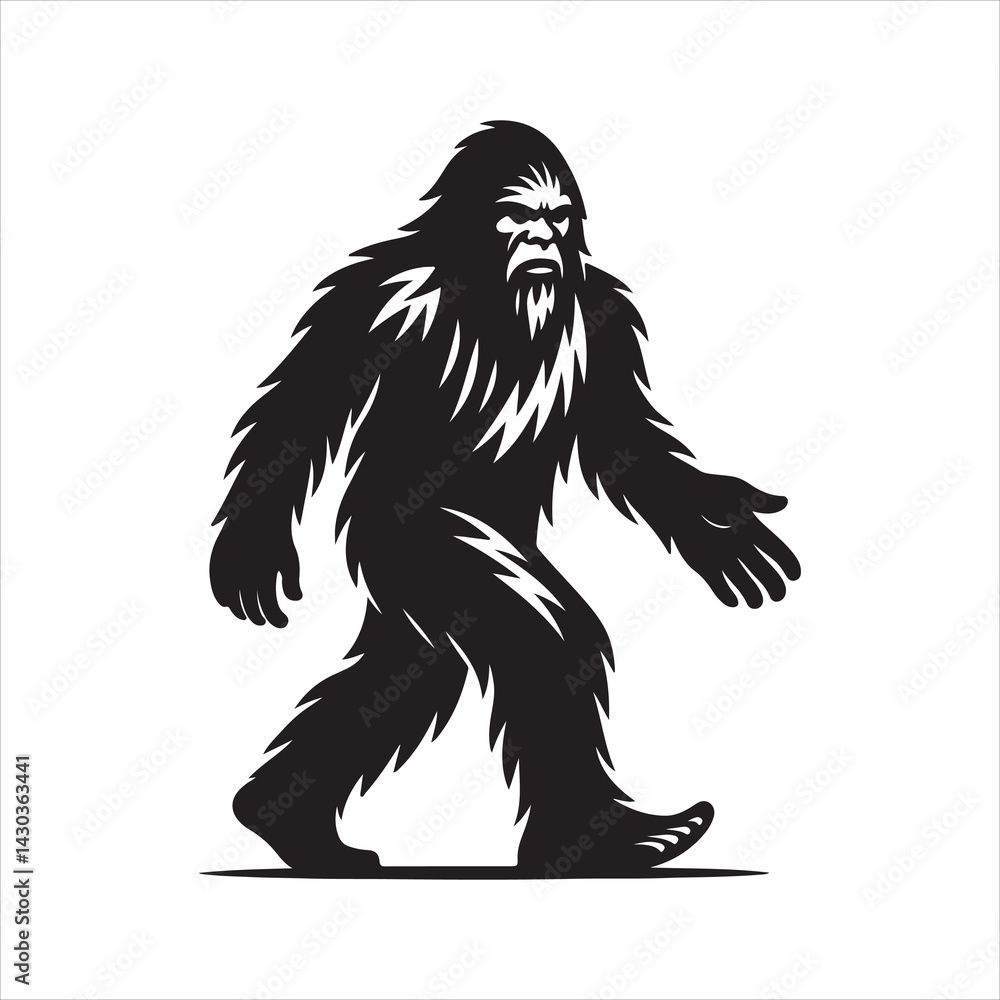 Obraz premium Black and white silhouette of a walking Yeti (Bigfoot) 
