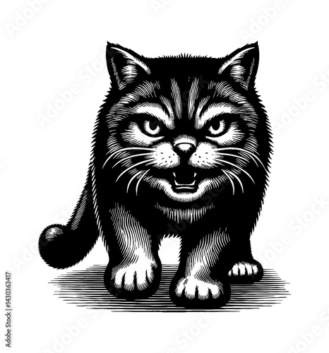 A cat with a menacing expression, showing its teeth, in a threatening pose looking fierce