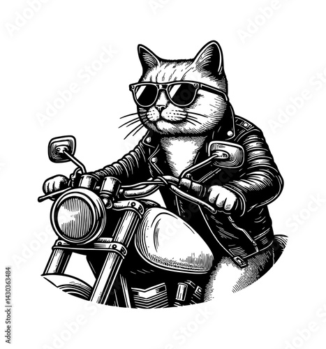 Cool cat with sunglasses leather jacket sitting on motorcycle fashion biker style