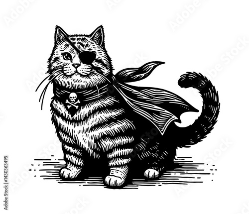 Cat pirate sailing ship on sea adventure hunting for treasure cartoon illustration