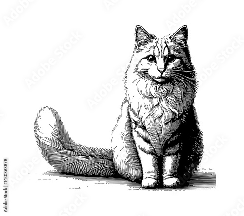 Silhouette of a sitting cat, cute pet relaxing against black background, domestic animal, simple