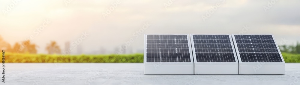 Peak Energy Solutions with Advanced Battery Storage Technology, Solar panels on a rooftop with a scenic background of greenery and a city skyline at sunset.
