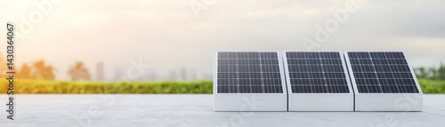 Obraz na płótnie Peak Energy Solutions with Advanced Battery Storage Technology, Solar panels on a rooftop with a scenic background of greenery and a city skyline at sunset. w salonie