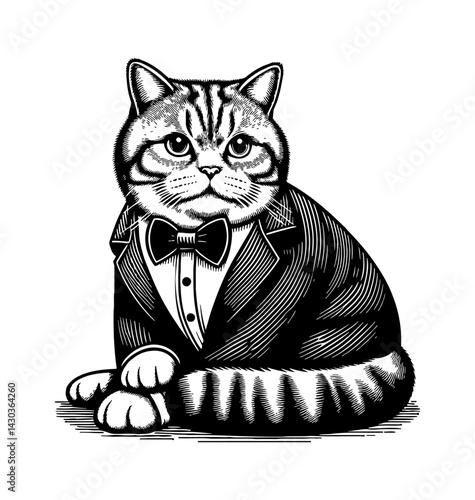 Elegant Cat in Formal Tuxedo Suit and Black Bow Tie Showing Elegance and Style