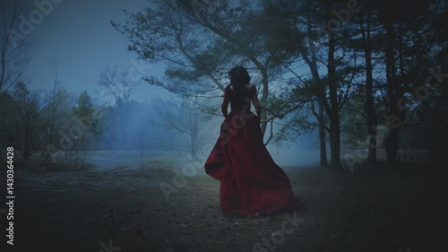 Fairy tale Gothic scared girl running away in dark foggy forest trees, velvet red long medieval old style dress train fly wind slow motion. Fantasy Woman walking. Black hair back rear view princess