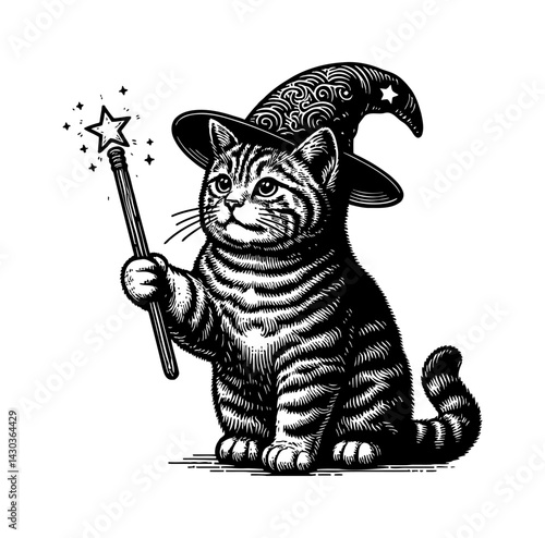 Cat wizard casting magic spell wearing robe mystical sorcerer fantasy illustration