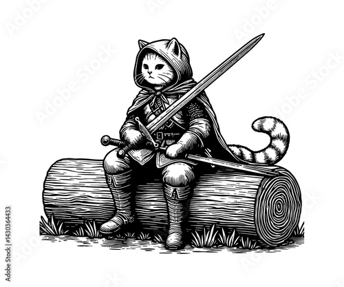 Cartoon cat with a sword sitting thoughtfully on a log in a scenic landscape illustration