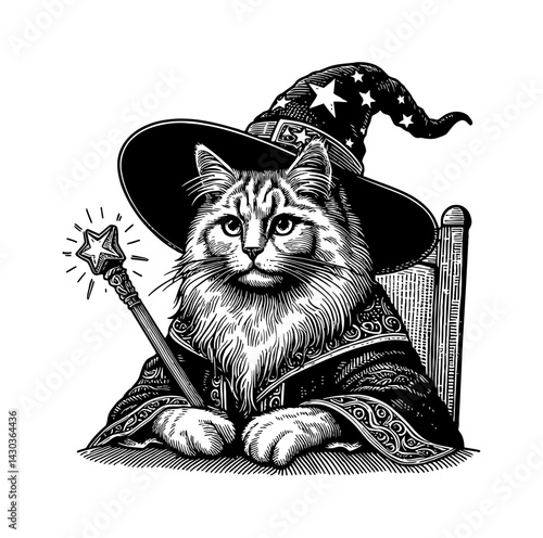 Cute cat wizard in robe casting a magic spell with mystical energy fantasy art