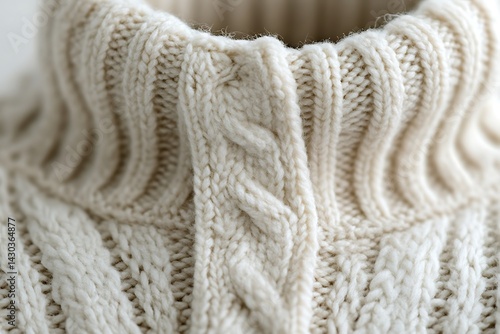 Close-up of an ivory cable knit turtleneck sweater indoors for fashion or textile design