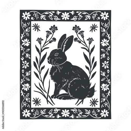 Vector linocut floral poster template with rabbit. Modern trendy minimal style. Black and white colors. Botanical blockprint. Design for wallpaper, wall decor, print, postcard, cover, template.