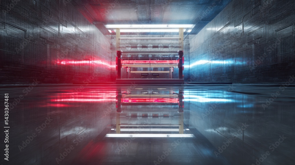 Obraz premium Abstract futuristic corridor with neon lights and reflection, science fiction concept. Perfect for technology, gaming, and modern design projects.