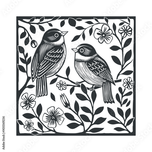 Vector linocut poster template with birds. Modern symmetry minimal style. Black and white colors. Botanical blockprint. Design for wallpaper, wall decor, print, postcard, cover, template.