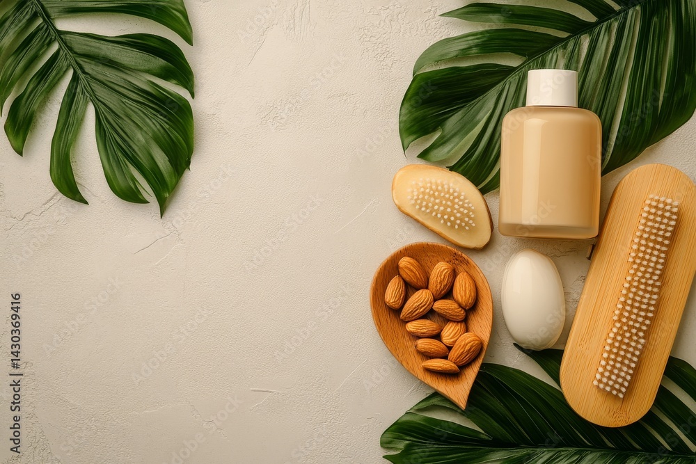 Natural cosmetic products for summer skincare are displayed on a fresh green palm leaf background, including facial tonic, cream, sea salt, and lip balm for a home spa