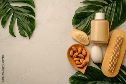 Natural cosmetic products for summer skincare are displayed on a fresh green palm leaf background, including facial tonic, cream, sea salt, and lip balm for a home spa