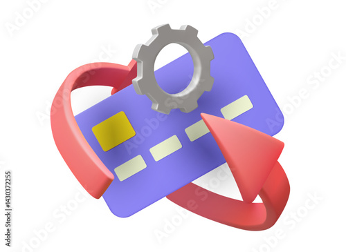 3D illustration vector render of credit card icon, gears, and spiral arrows isolated on white background. Concept of automated payment system, circulation, digital finance, payment management.