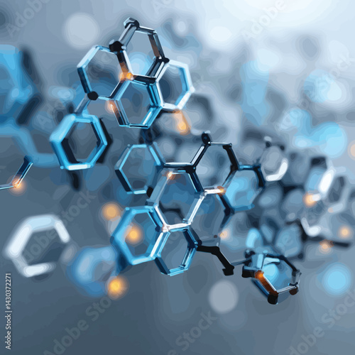 Vector Abstract Molecular Structure, Blue Hexagon Network Design.