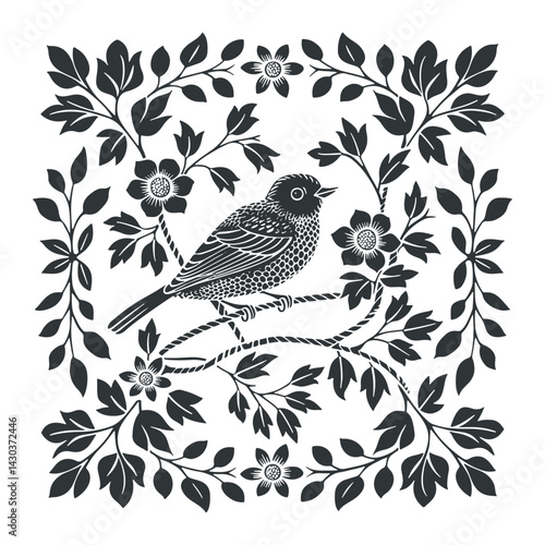 Vector linocut poster template with bird and flowers. Modern trendy minimal style. Black and white colors. Botanical blockprint. Design for wallpaper, wall decor, print, postcard, cover, template.