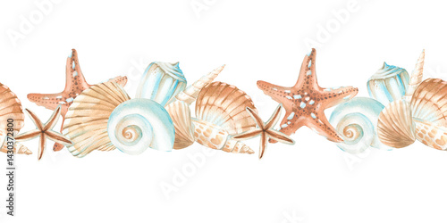 Seashells seamless horizontal watercolor pattern. Hand drawn border with starfish and shells. Template for textile design, label, fabric and wallpaper.