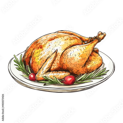Illustration whole roasted chicken background white dinner vector