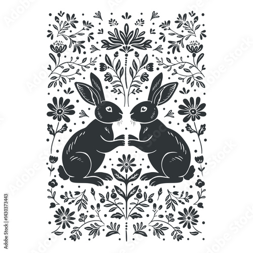 Vector linocut floral poster template with rabbits. Modern trendy minimal style. Black and white colors. Botanical blockprint. Design for wallpaper, wall decor, print, postcard, cover, template.