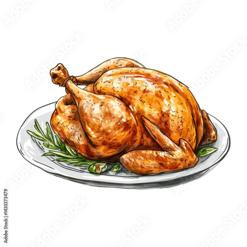 Illustration whole roasted chicken background white dinner vector