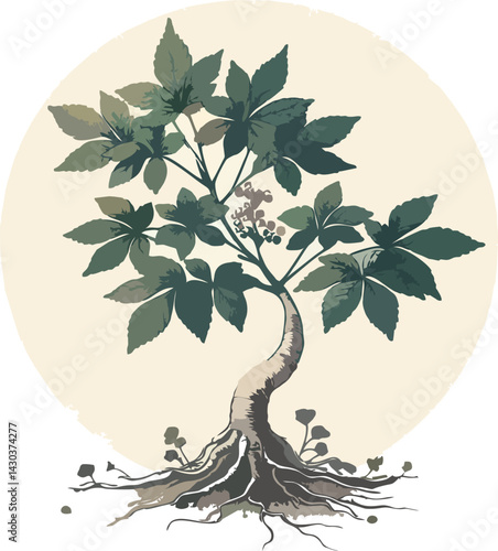 Elegant Ginseng Illustration: Curving Trunk, Detailed Roots, Soft Color Palette