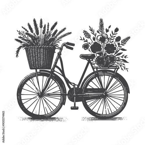 Vintage Hand-Drawn Bicycle with Flowers in Basket Illustration – Outdoor Adventure Engraved Style Vector for T-Shirts, Posters, Stickers, and Cycling Gear Apparel