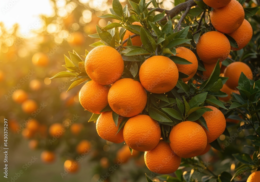 A vibrant image of an orange tree laden with ripe oranges bathed in the warm glow of the setting A vibrant image of an orange tree laden with ripe oranges bathed in the warm glow of the setting
