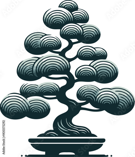 Stylized Teal Bonsai Tree with Concentric Leaf Design